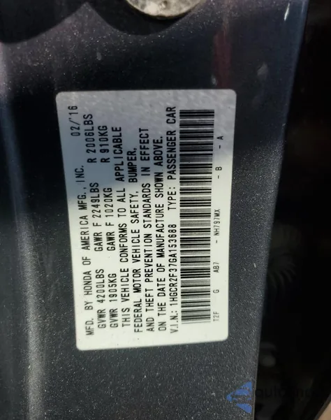 2016 Honda Accord Lx from USA, damaged, VIN 1HGCR2F37GA153688
